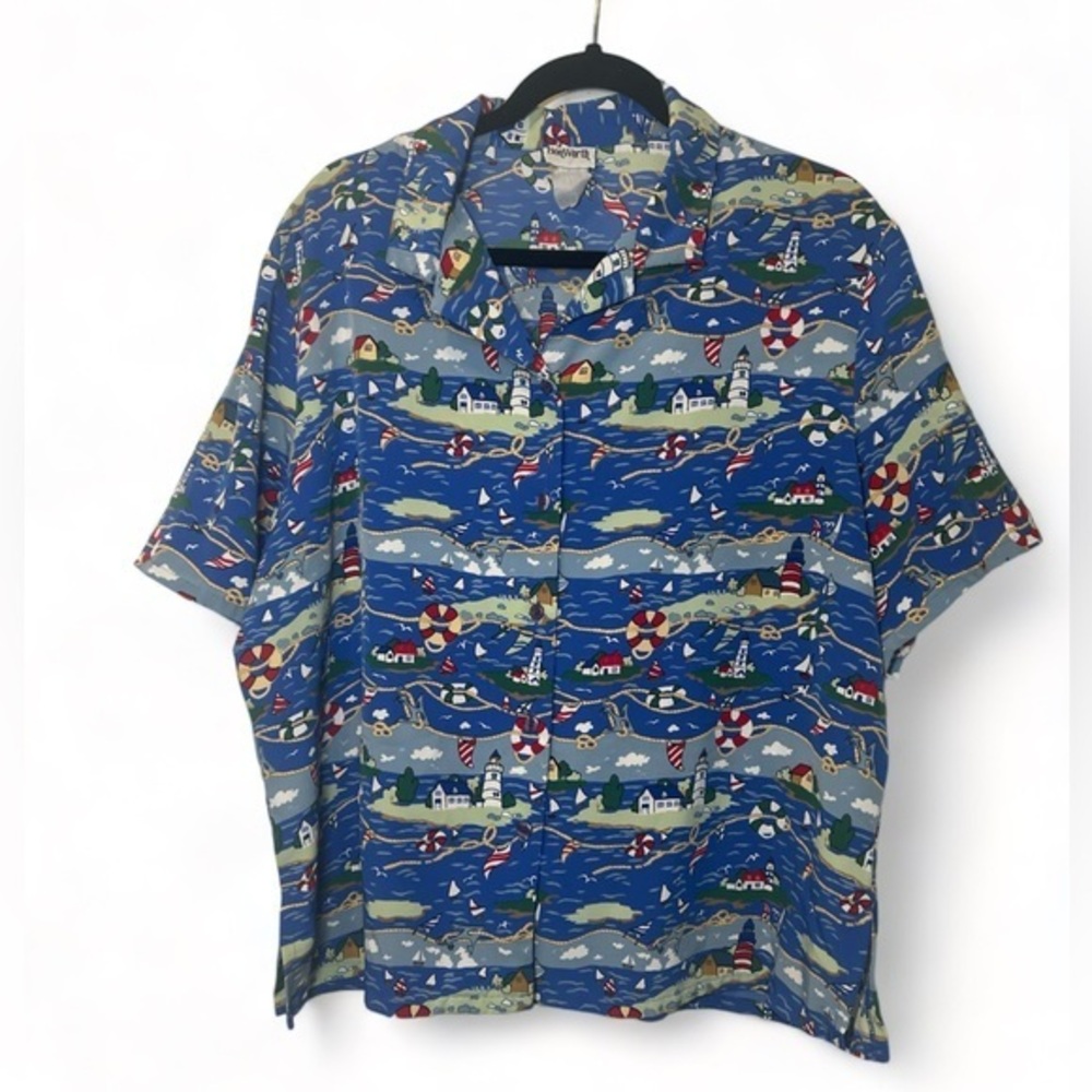RARE Bonworth Women Unisex XL Blue Lighthouse‎ Nautical Coastal Pocket Button Up